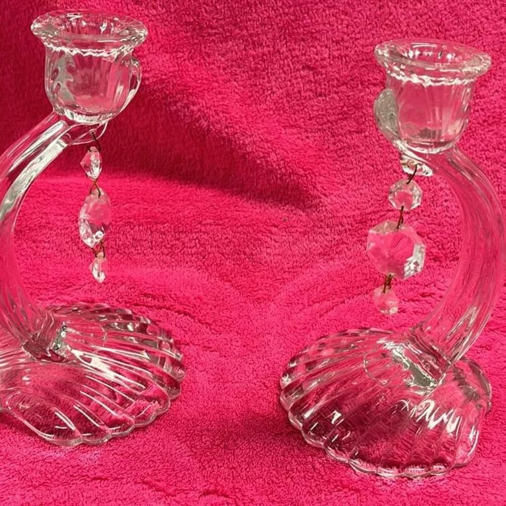 CAMBRIDGE CAPRICE CANDLESTICK HOLDERS  PRISMS SEA SHELL BASE CENTERPIECE (hc3-8)